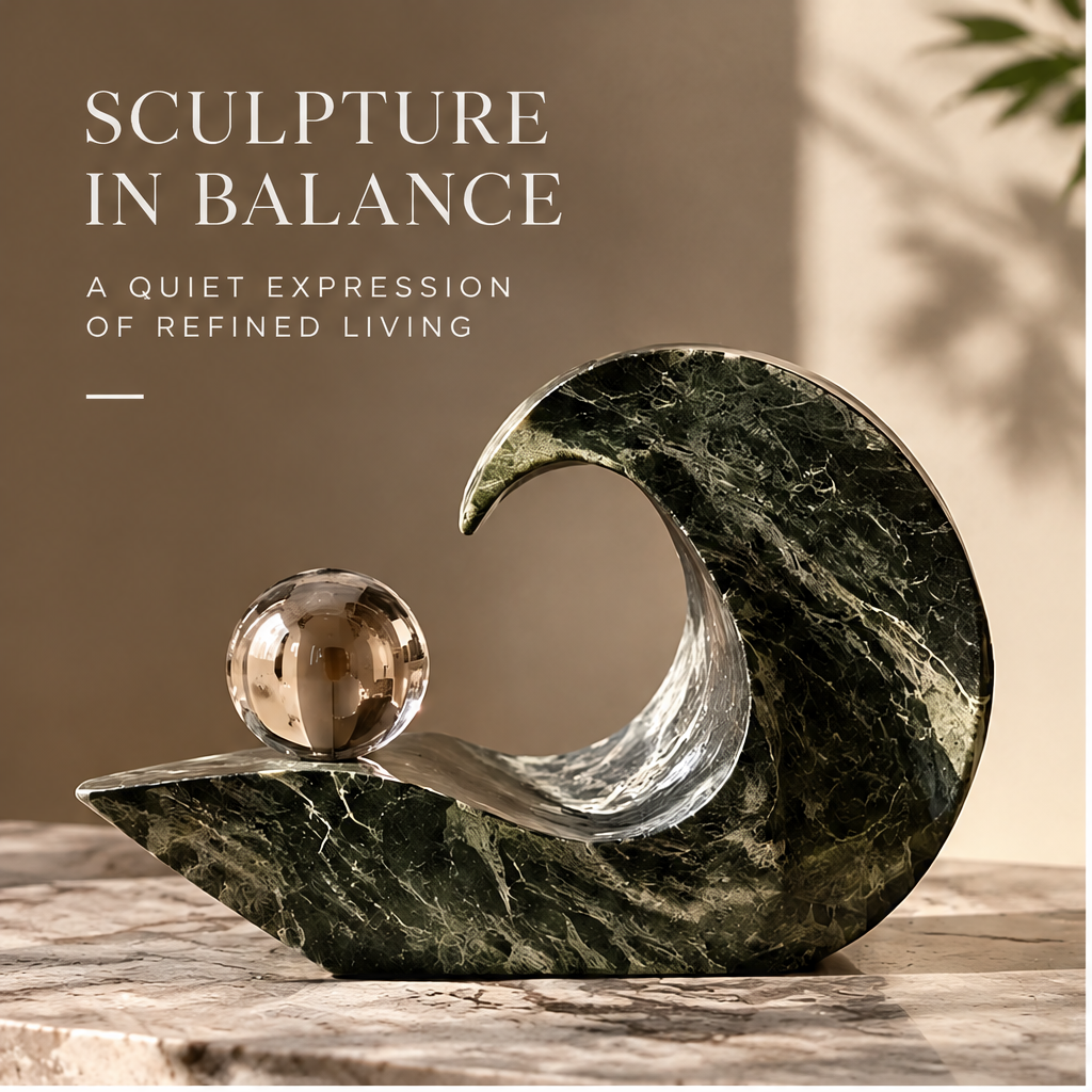 ORNADOM Green Marble Wave Sculpture with Crystal Ball - front view