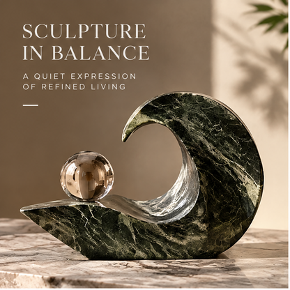 ORNADOM Green Marble Wave Sculpture with Crystal Ball - front view
