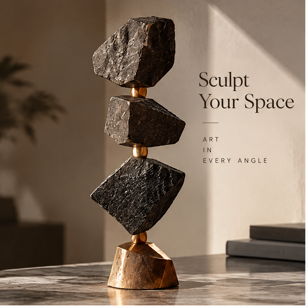 ORNADOM Triple Stacked Black Stone Tower Sculpture - front view