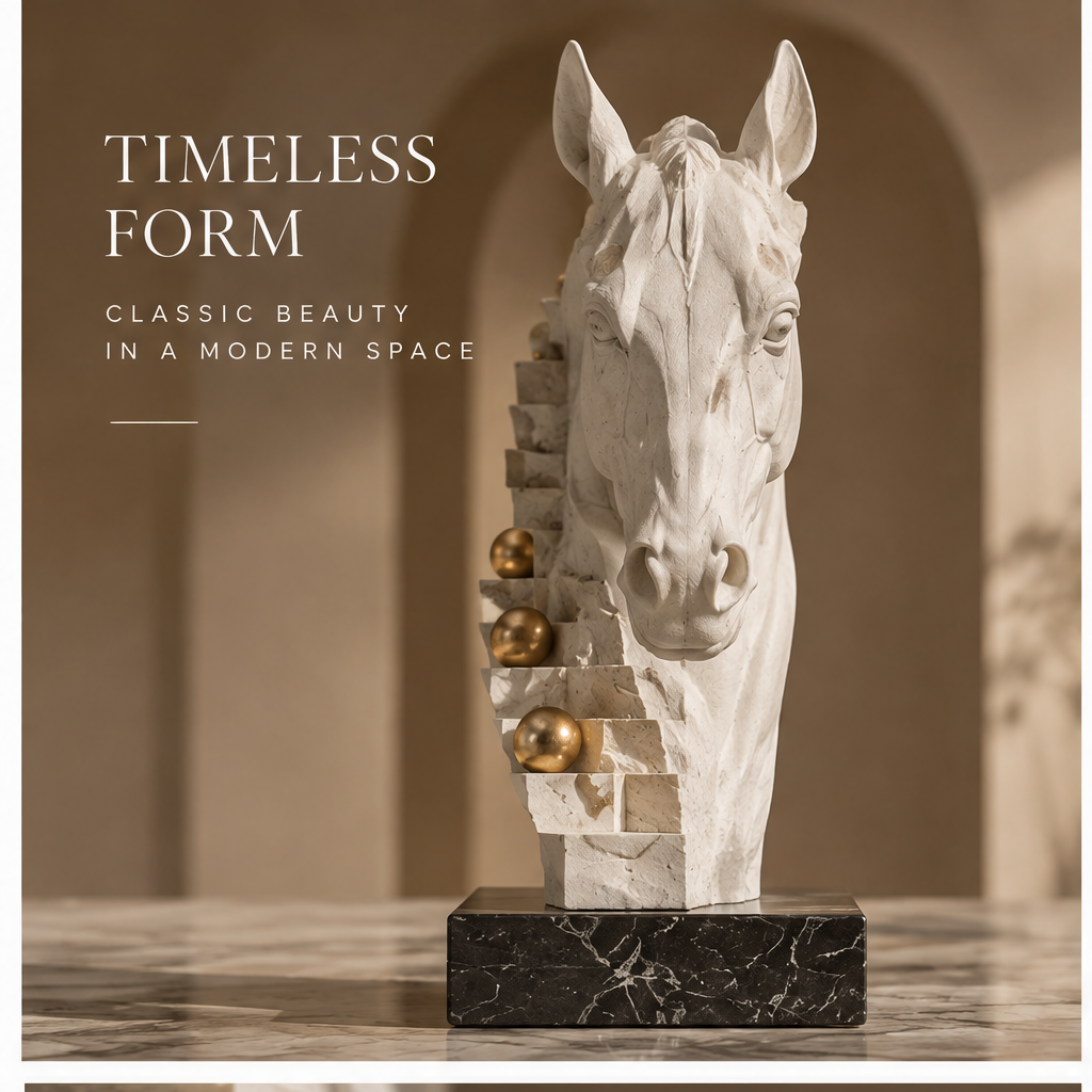 ORNADOM Horse Head Stair Gold Ball Sculpture - front view