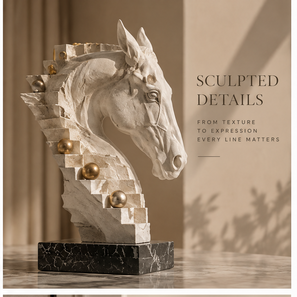 ORNADOM Horse Head Stair Gold Ball Sculpture - side view