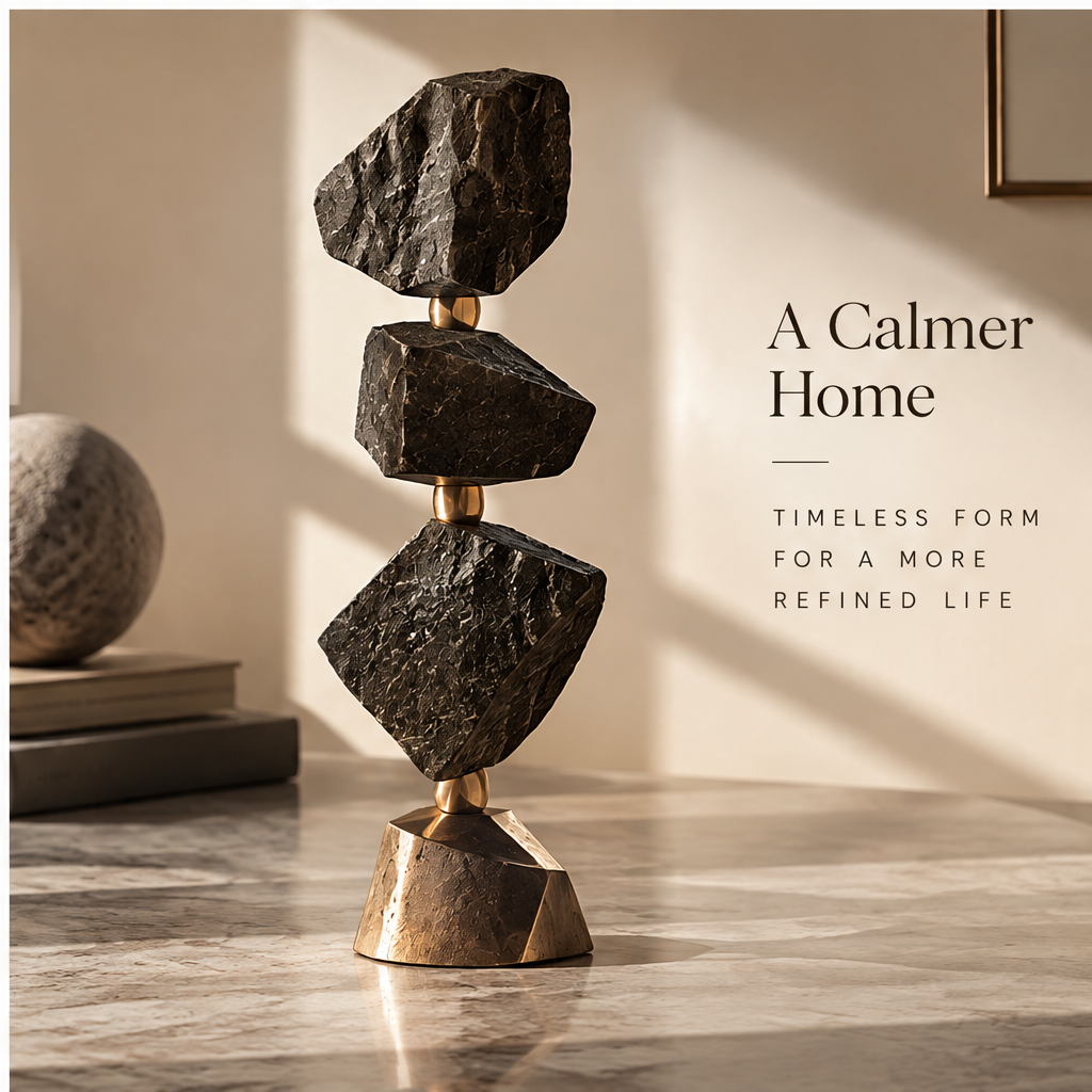 ORNADOM Triple Stacked Black Stone Tower Sculpture - texture detail