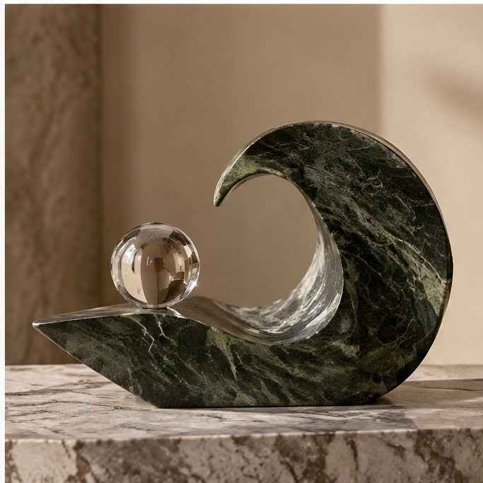 ORNADOM Green Marble Wave Sculpture with Crystal Ball - art every angle
